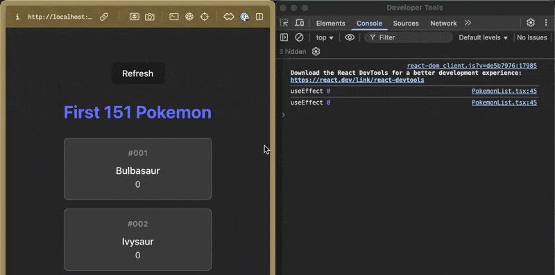 A web page showing a list of Pokemon and a button, alongside the dev tools open. The button is pressed multiple times and the UI is responsive.