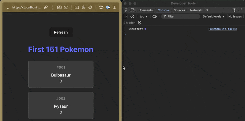 A web page showing a list of Pokemon and a button, alongside the dev tools open. The button is pressed multiple times and the UI is responsive, but the render is slow.