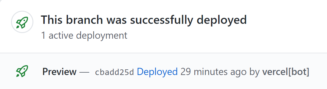 A successful deployment reported by Vercel to Github